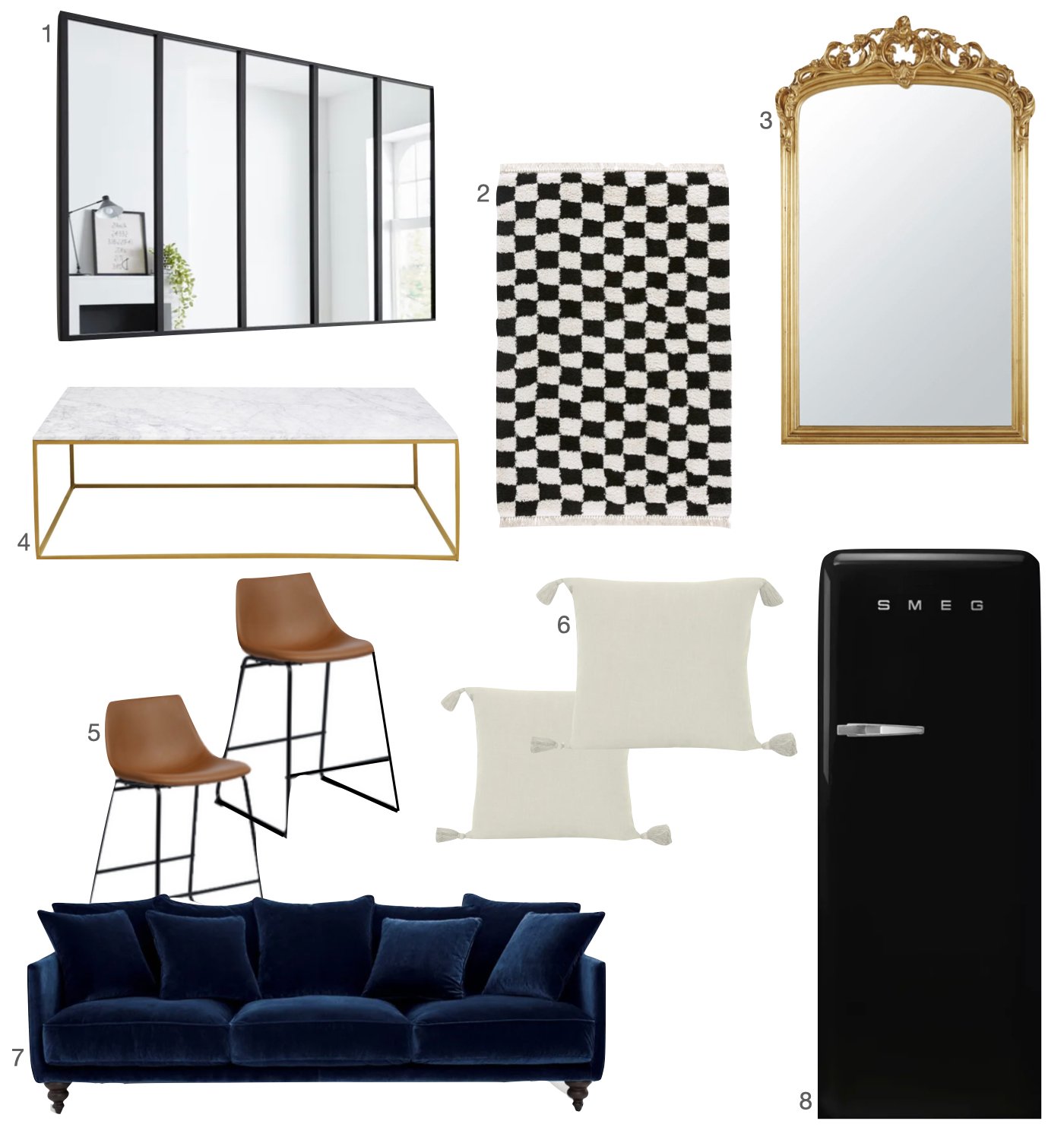 deco maison tapis damier frigo smeg miroir noir