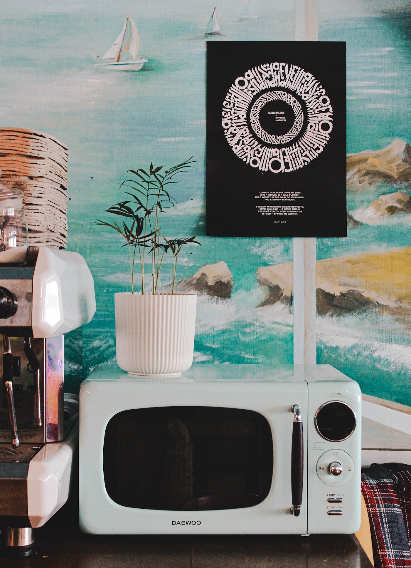 electromenager retro blanc micro onde papier peint mer bleu