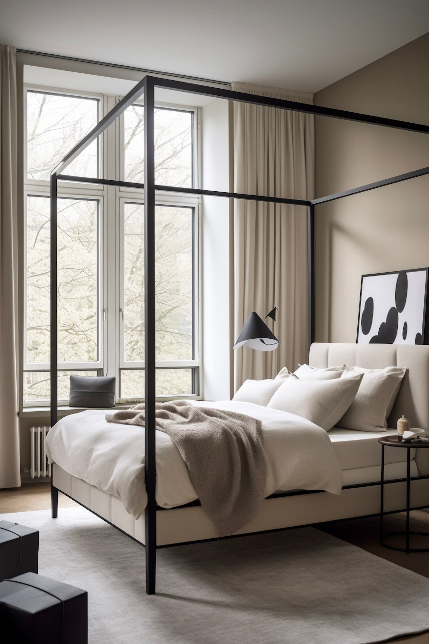 mettre en valeur ses fenêtres chambre chic lit baldaquin beige blanc noir