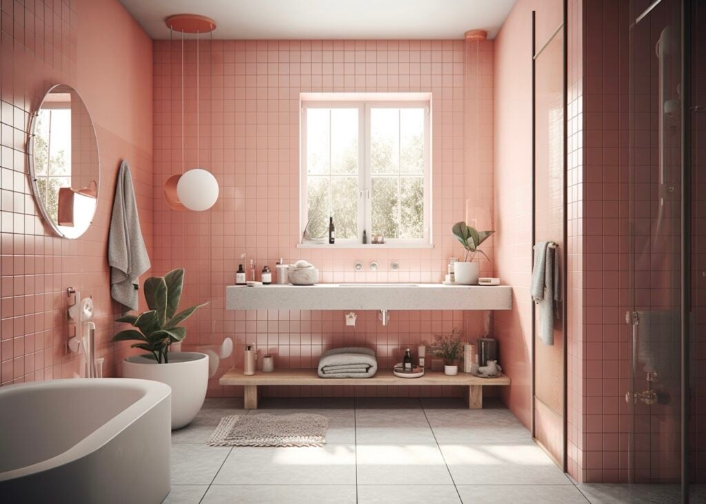salle de bain couleur corail blanche carrelage