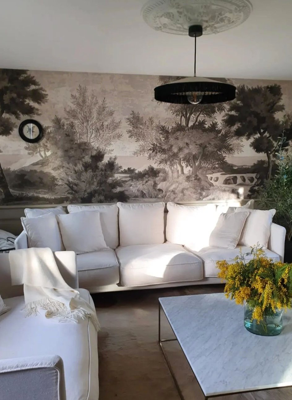 salon sejour canape droit blanc papier peint suspension noir