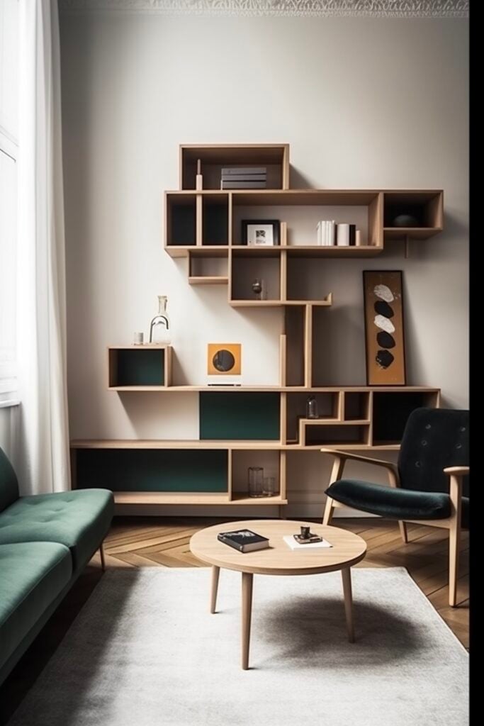 séjour déco vert foncé bibliothèque graphique bois