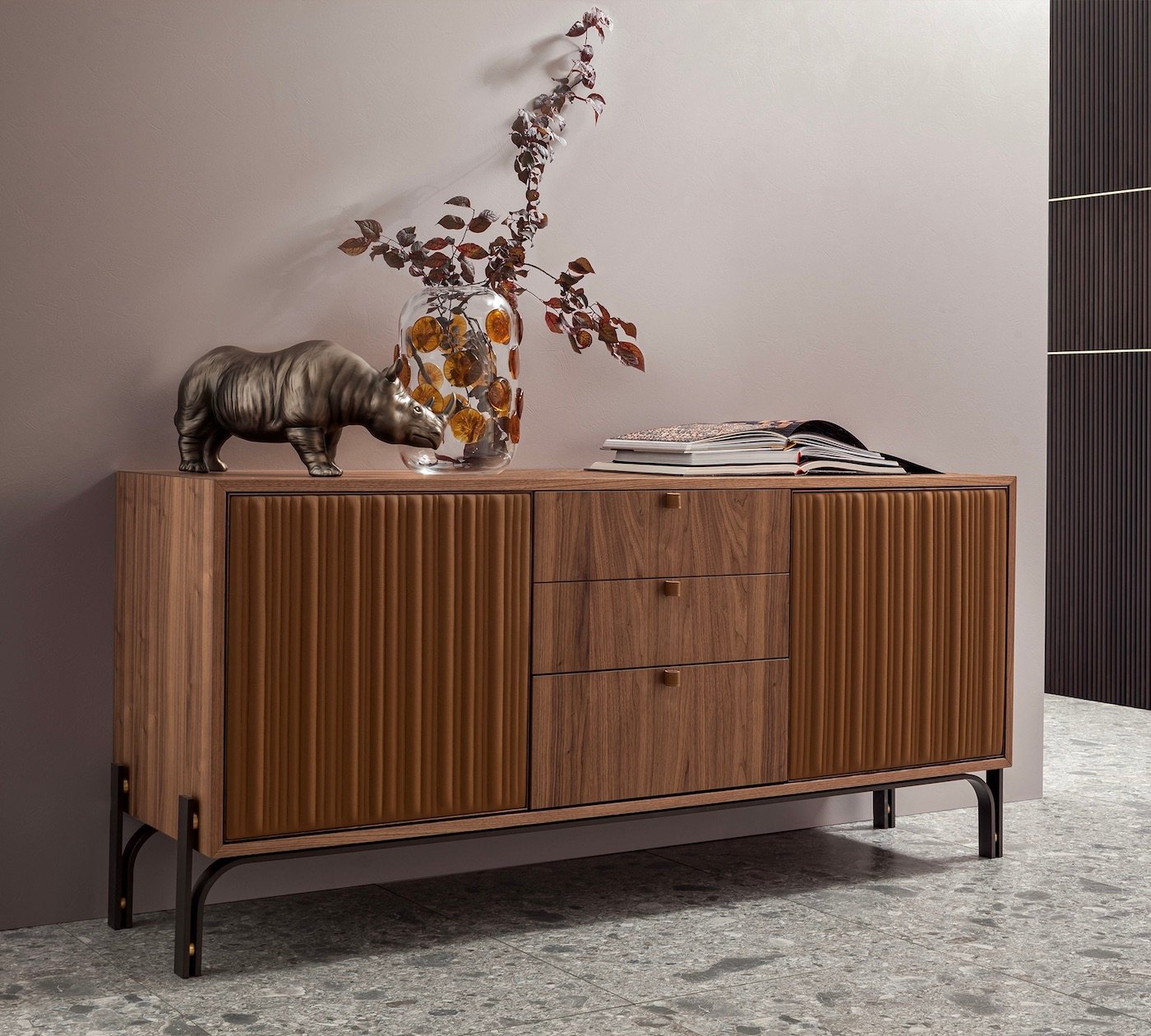 buffet bois Morica cuir relief décoration intérieure