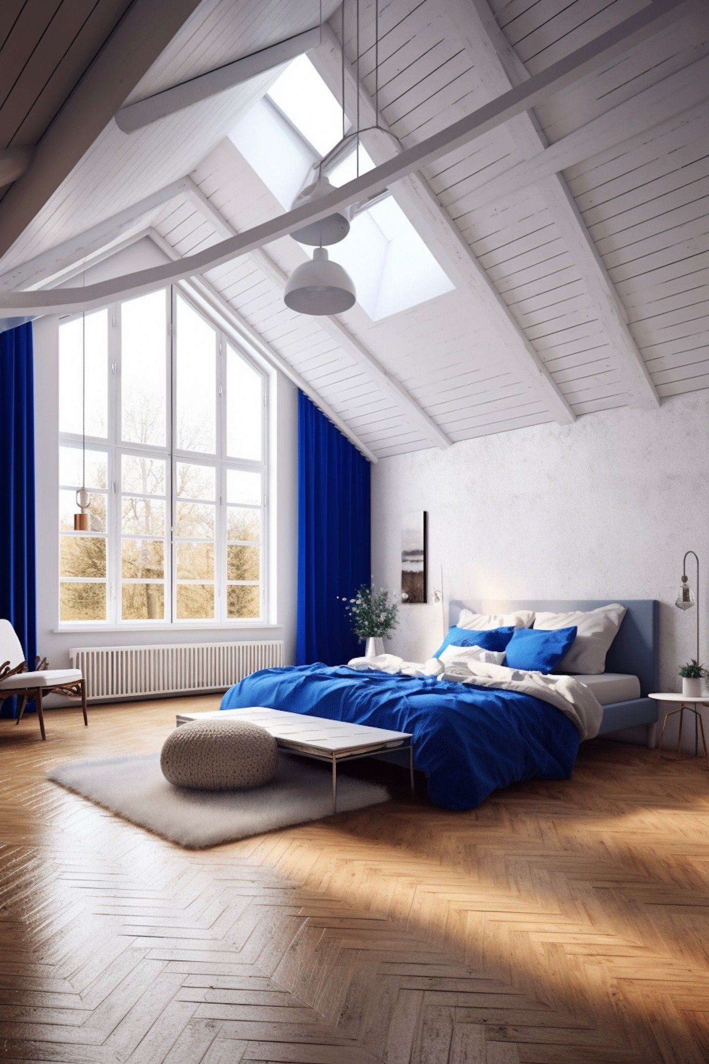 chambre blanche déco bleu klein bois charpente lumineuse