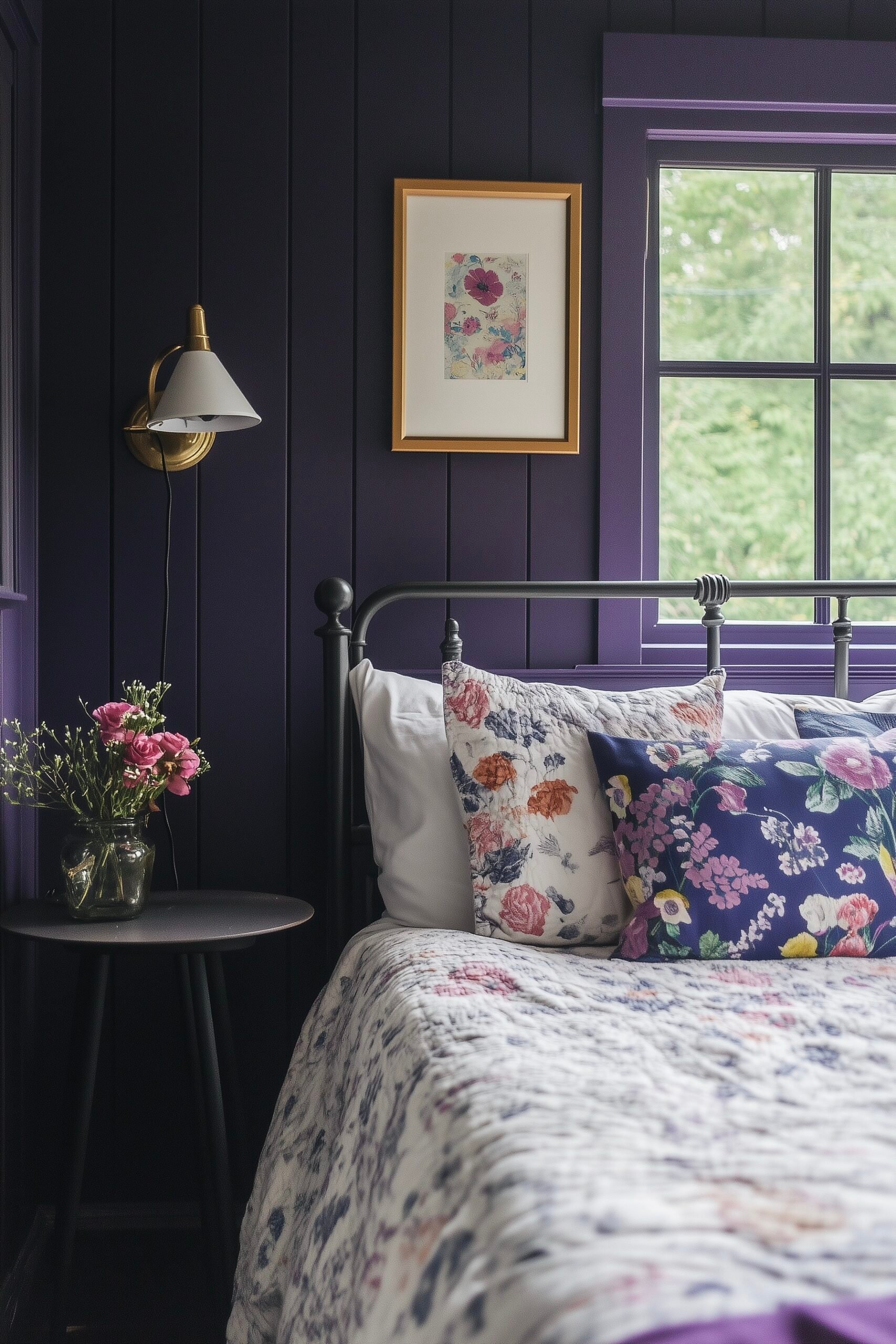 chambre cottage mur violet tasseaux peint