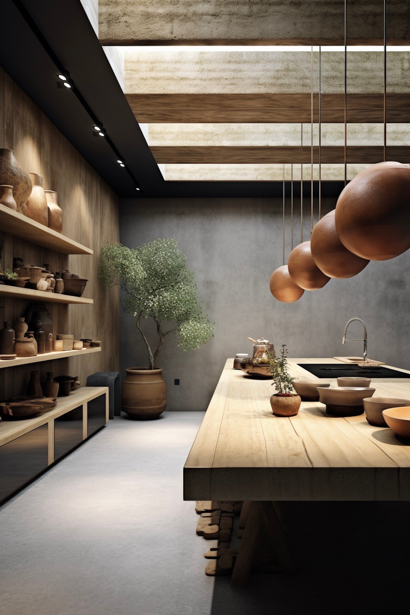 cuisine bois loft gris foncé béton brut