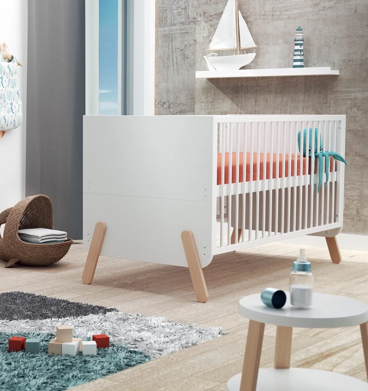 lit evolutif blanc bois enfant bebe tapis rectangle tabouret