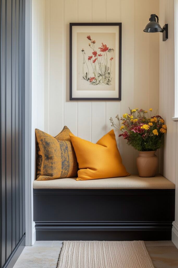 petite entrée coffre banc coussins orange moutarde