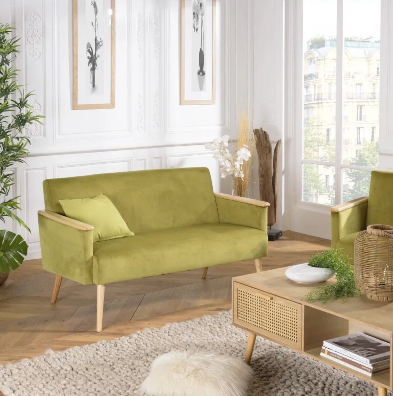 canape vert velours parquet tapis deco salon