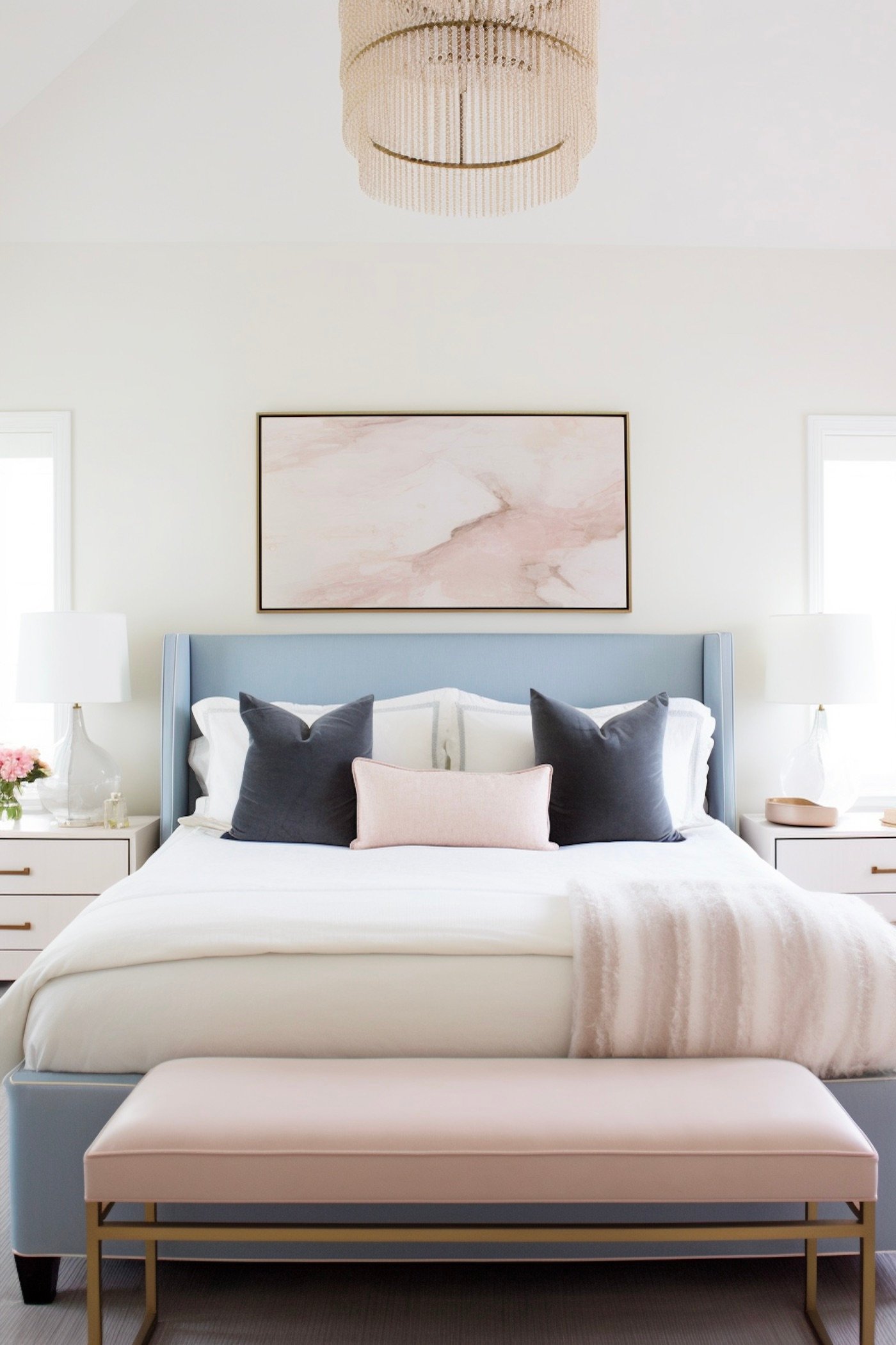 chambre épurée lumineuse rose bleu pastel banquette lustre chic