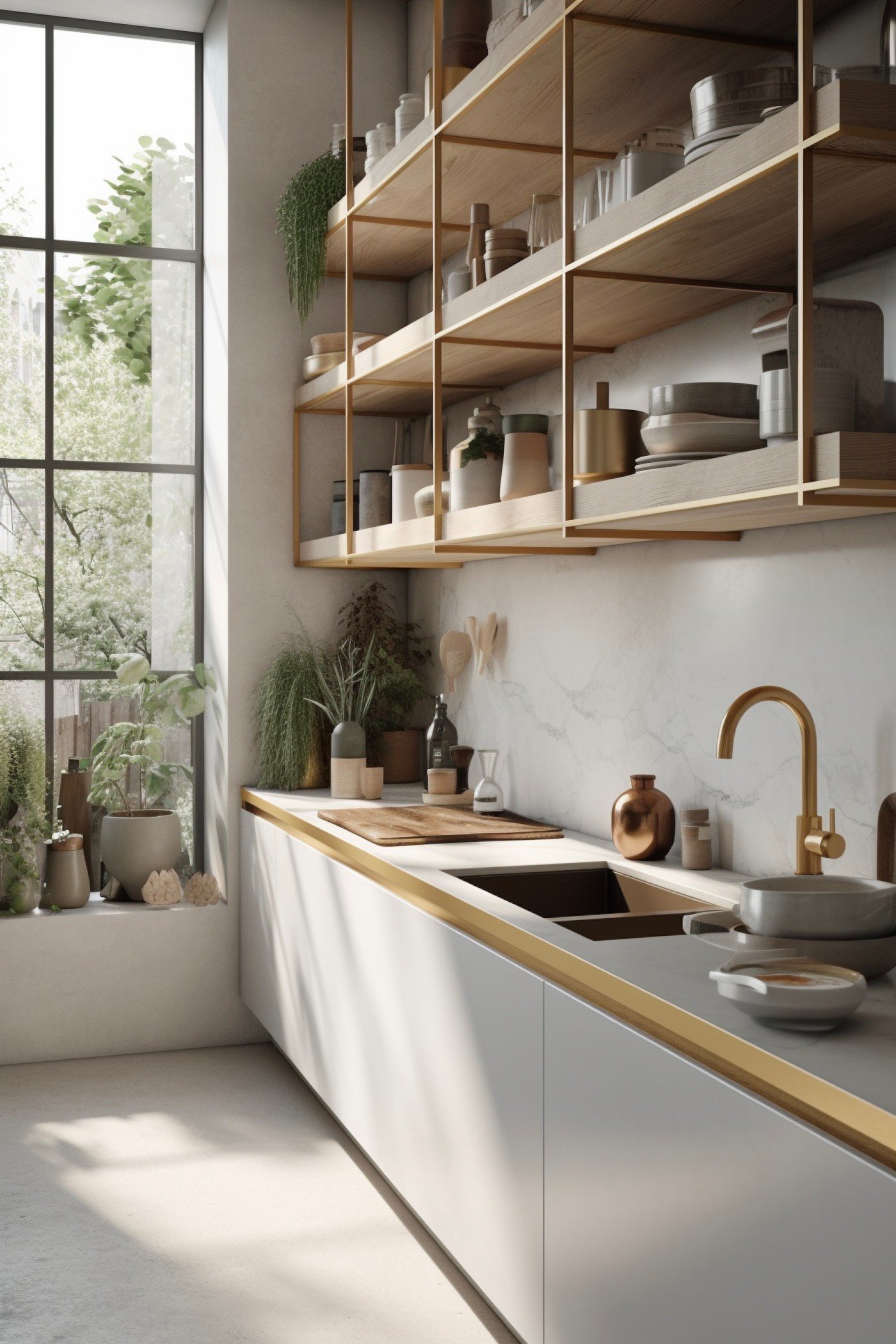 cuisine nature plante verte mur carrelage marbre blanc mobilier bois