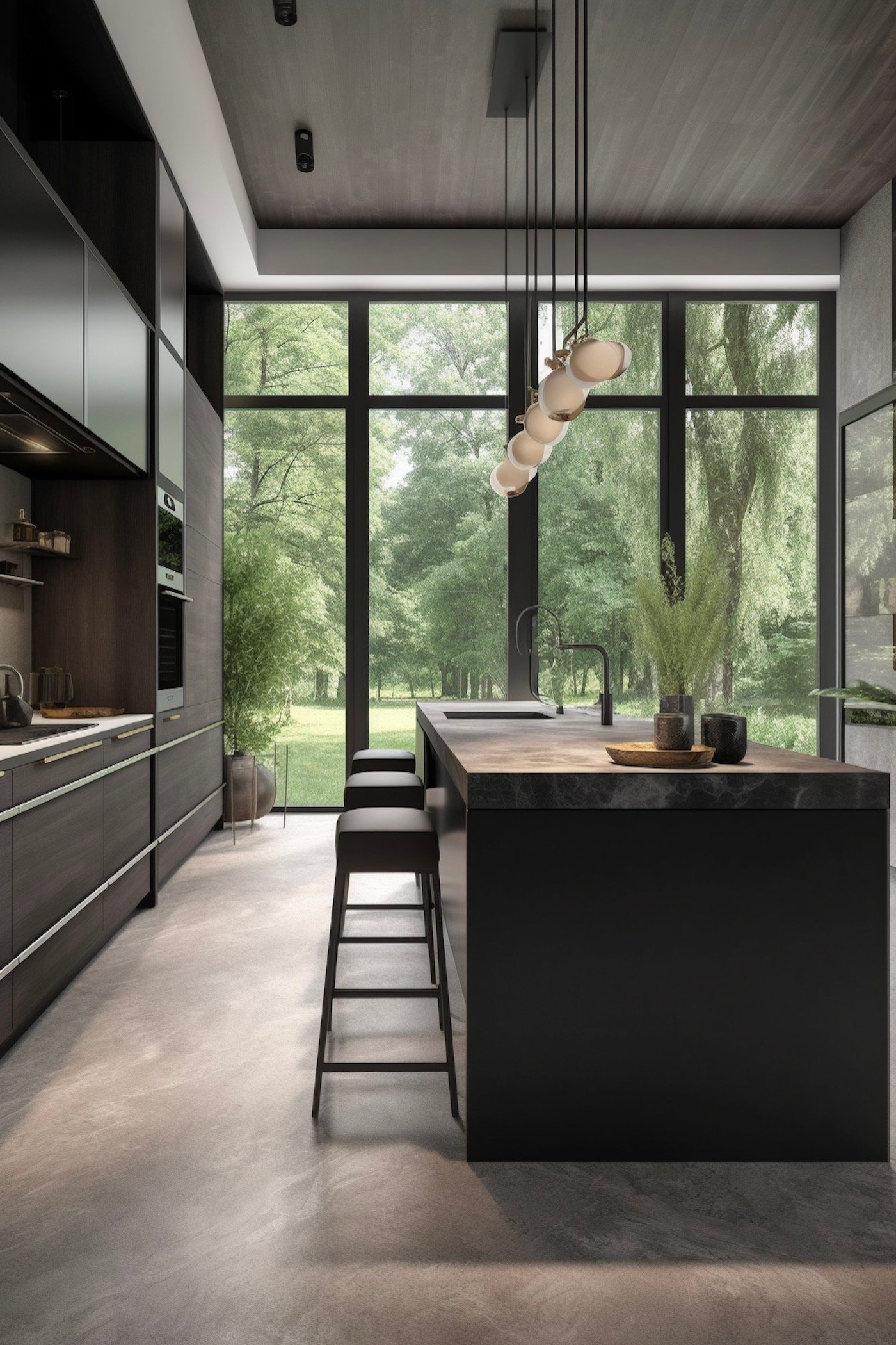 ilot centrale noir baie vitree lumineux