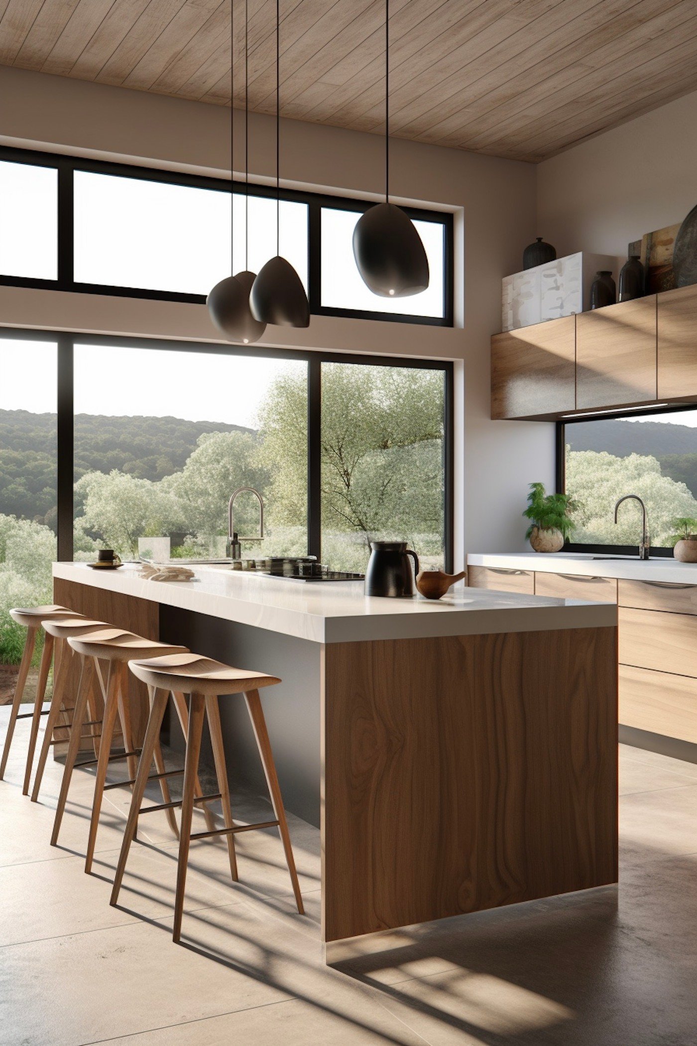 ilot centrale table cuisine baie vitree lumineux