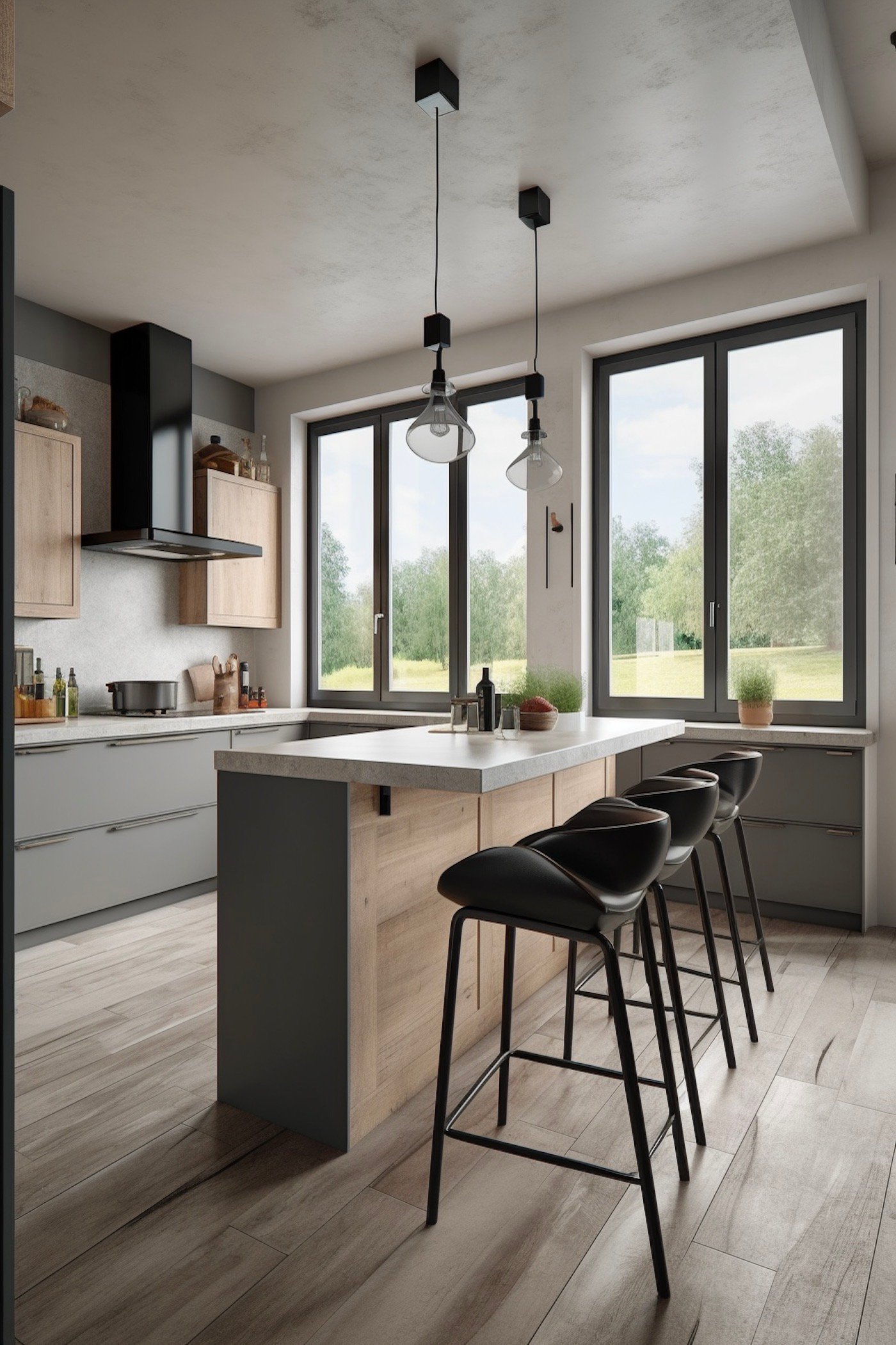 ilot centrale table grise baie vitree lumineux