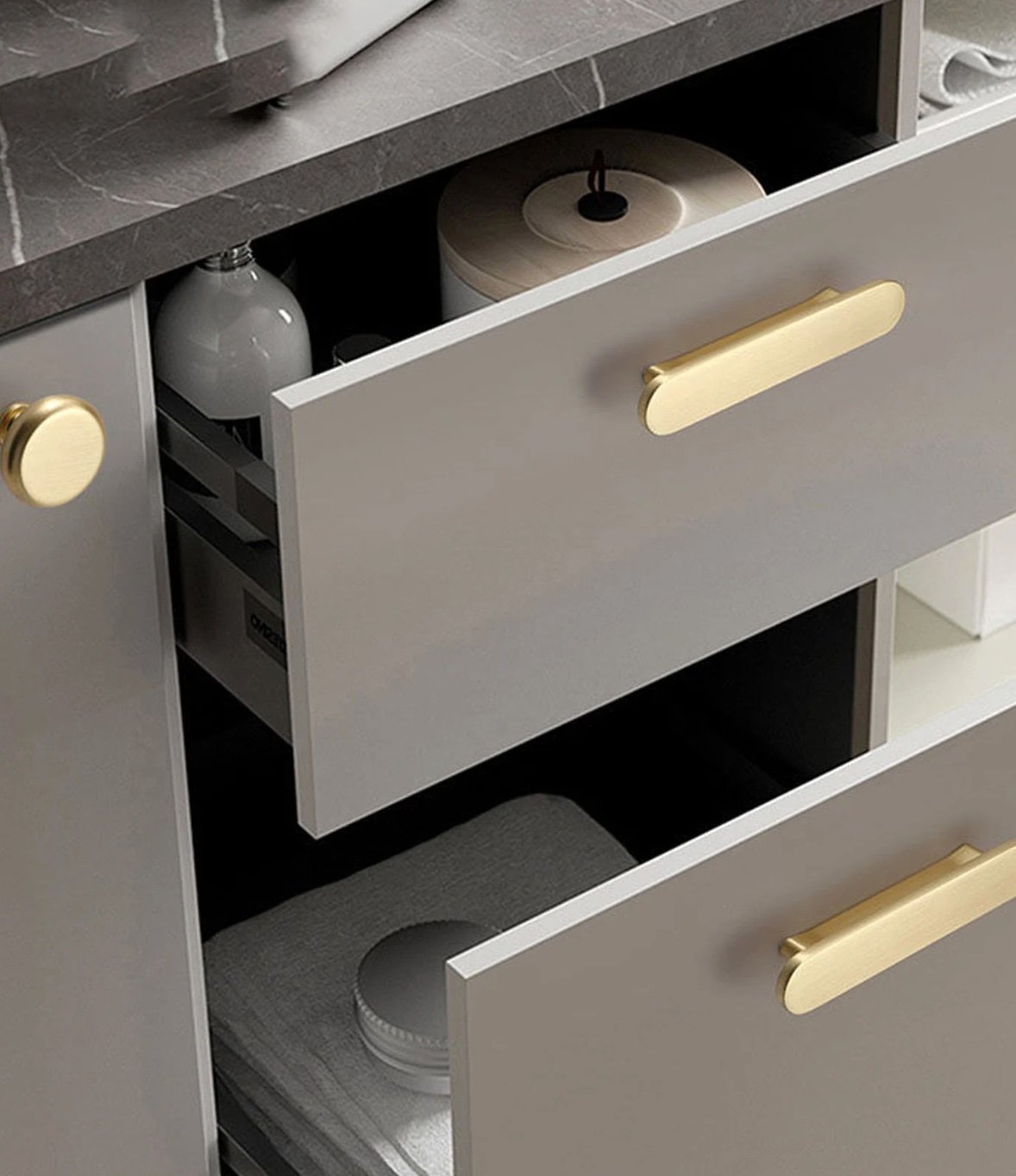 tiroir cuisine gris fonce poignet dore plateau marbre noir
