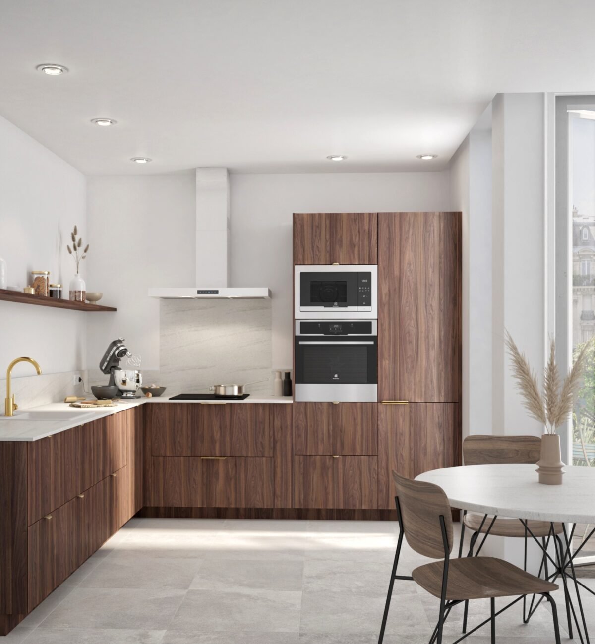 cuisine ouverte meuble bois noyer marron fonce table ronde blanche