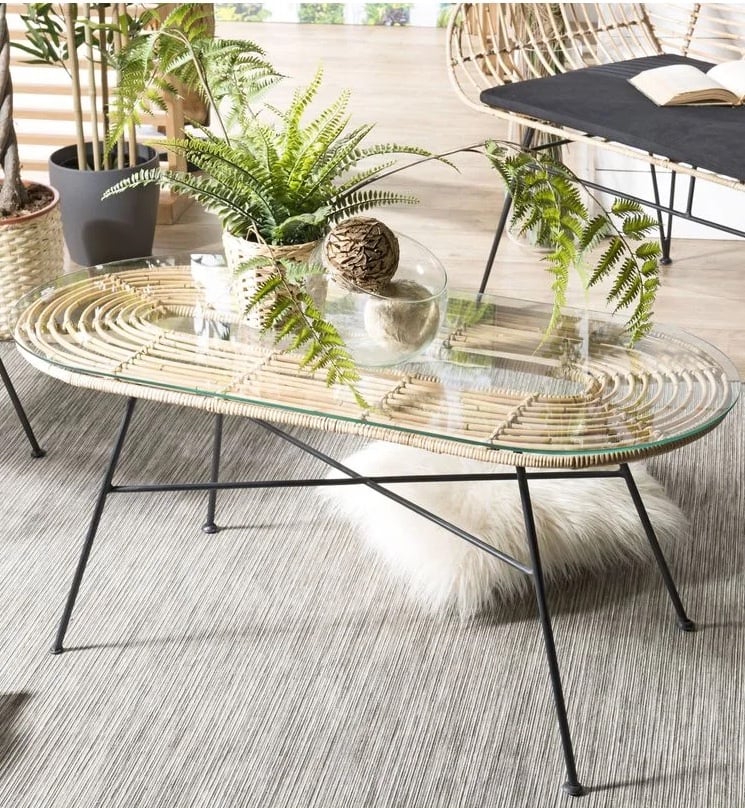 plante verte table basse verre rotin metal