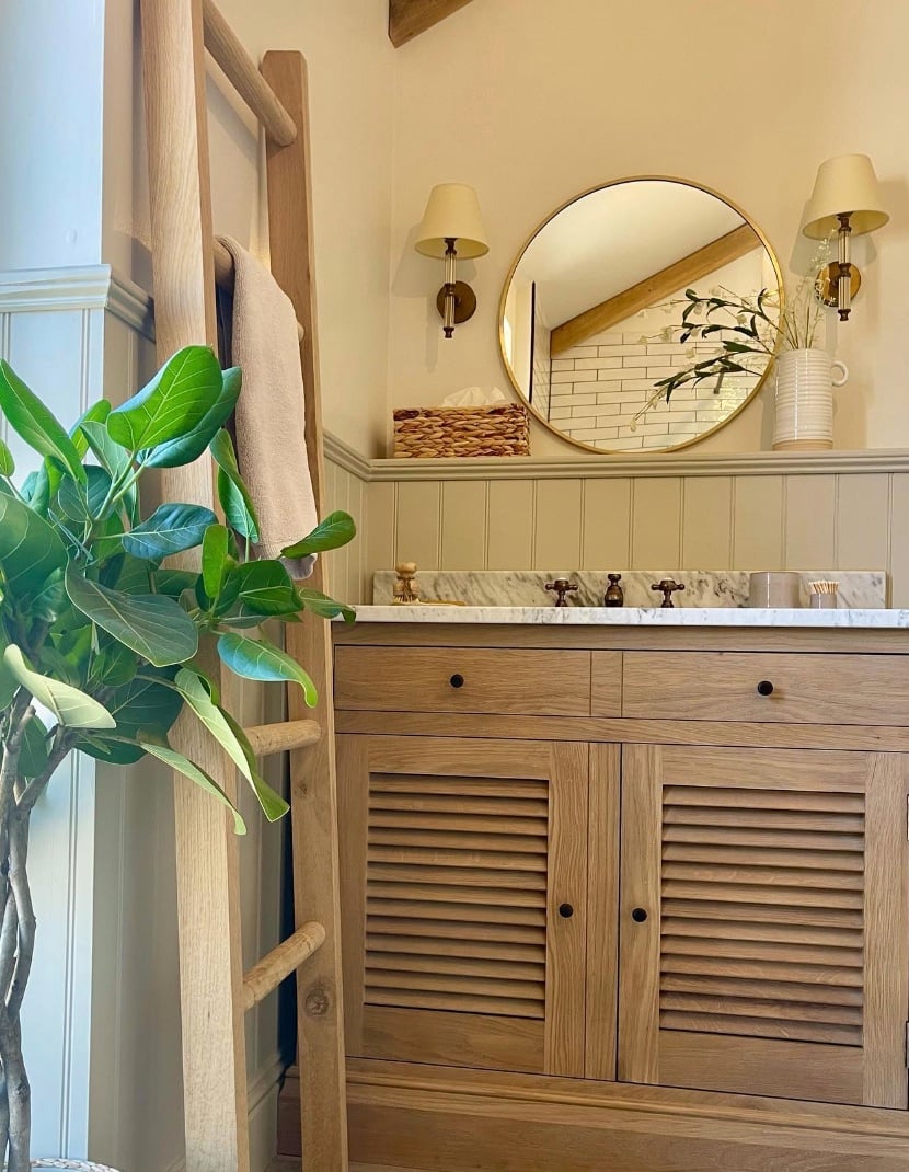 salle de bain commode bois miroir rond