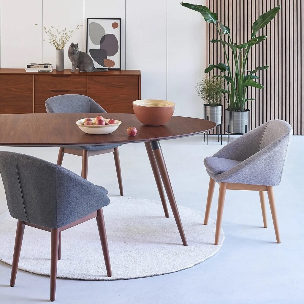 salon table a manger bois noyer chaise scandinave tapis rond