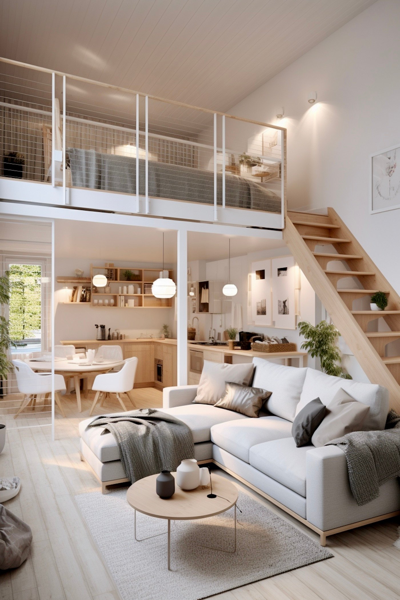 aménagement grand studio séparation espace style nordique