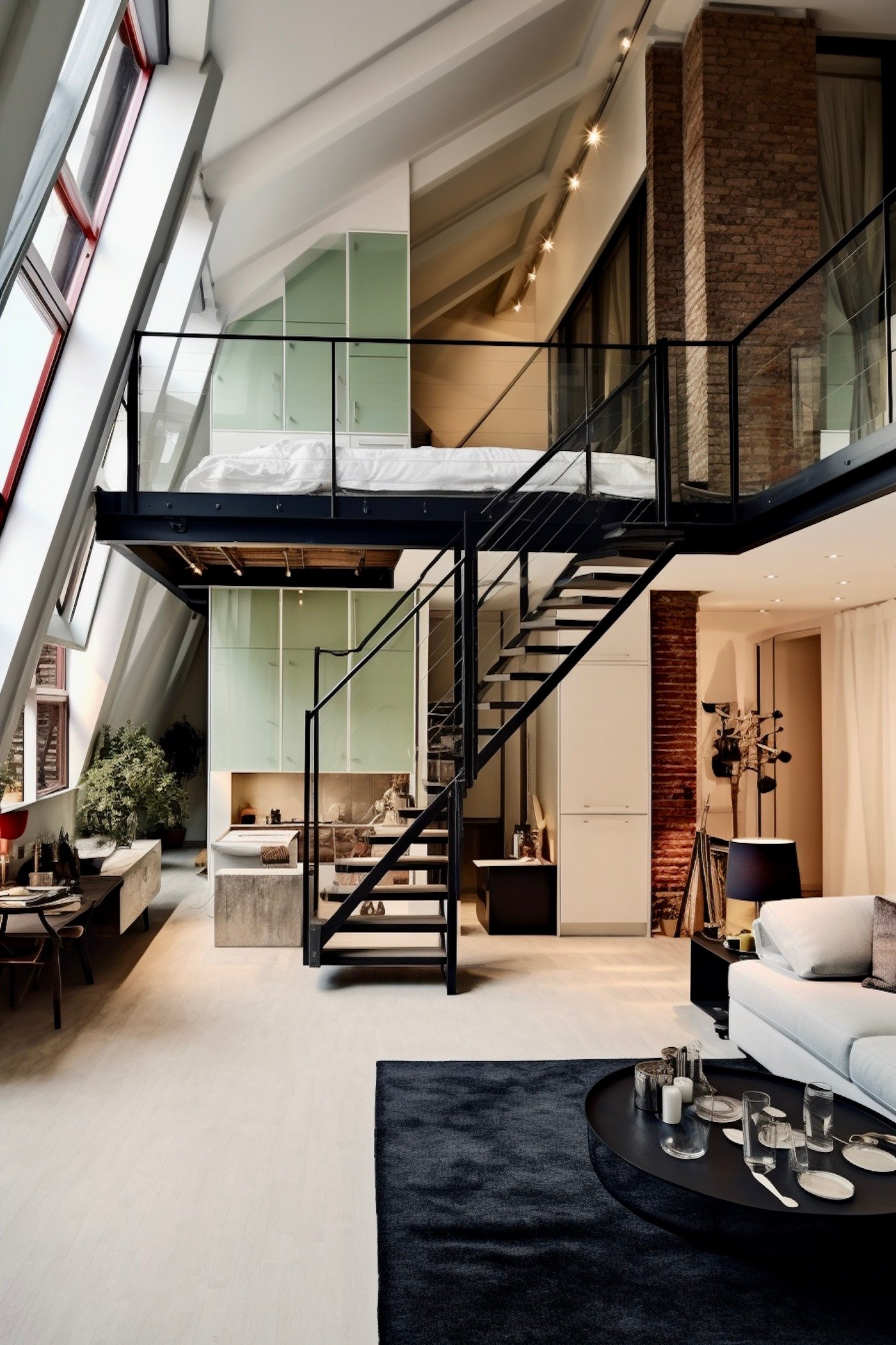 chambre mezzanine au-dessus salon loft new yorkais