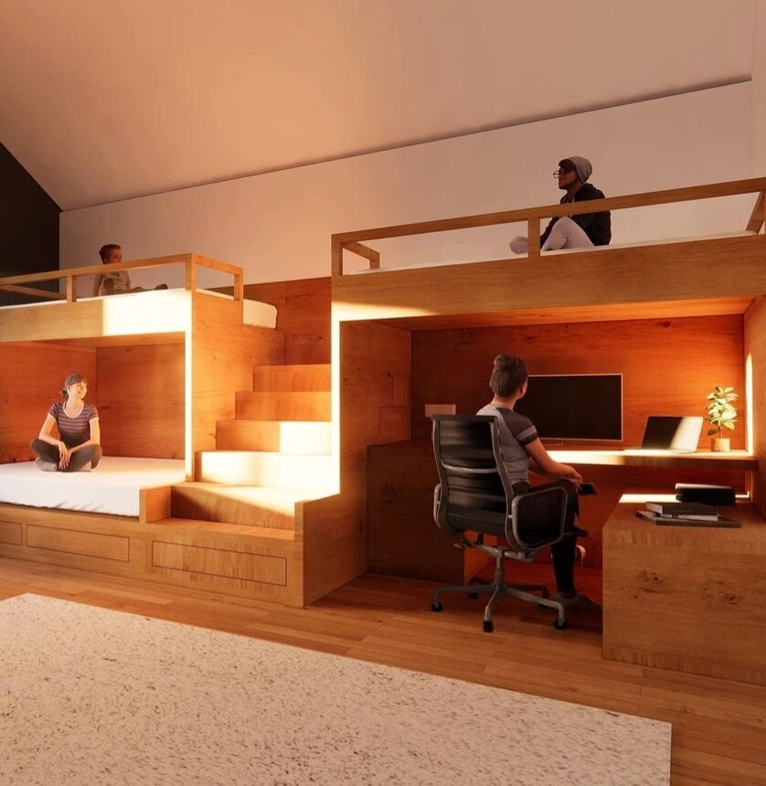 chambre spacieuse lit bois superpose bureau tapis blanc