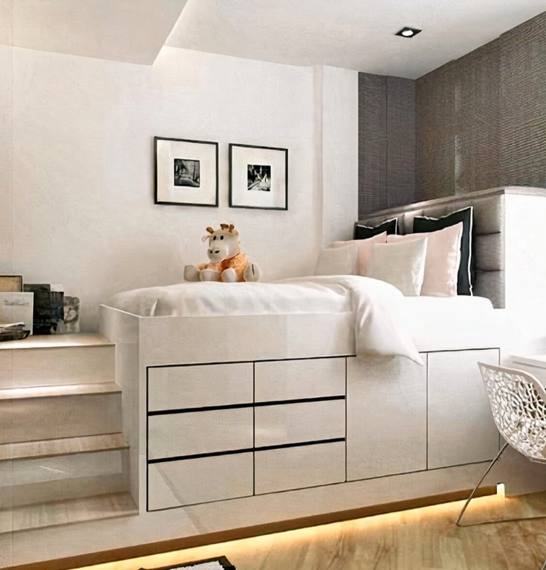 lit double hauteur blanc bureau deco interieure mur gris