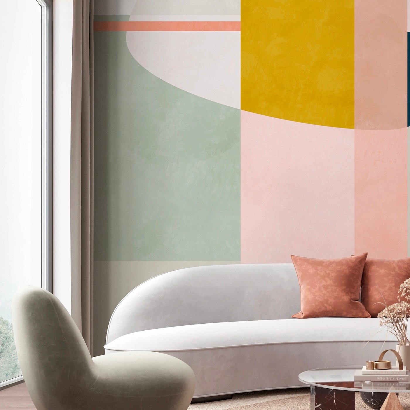 salon couleur pastel dégradé vert rose jaune