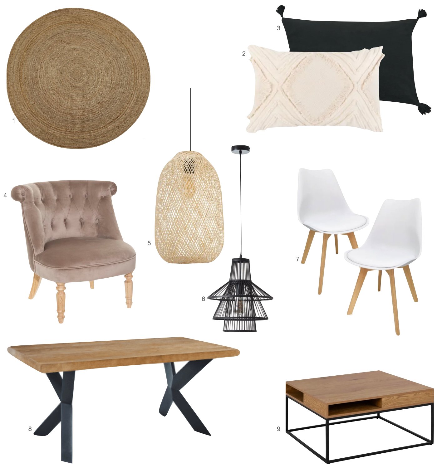 table bois metal noir suspension rotin noir marron fauteuil gris taupe tapis rond