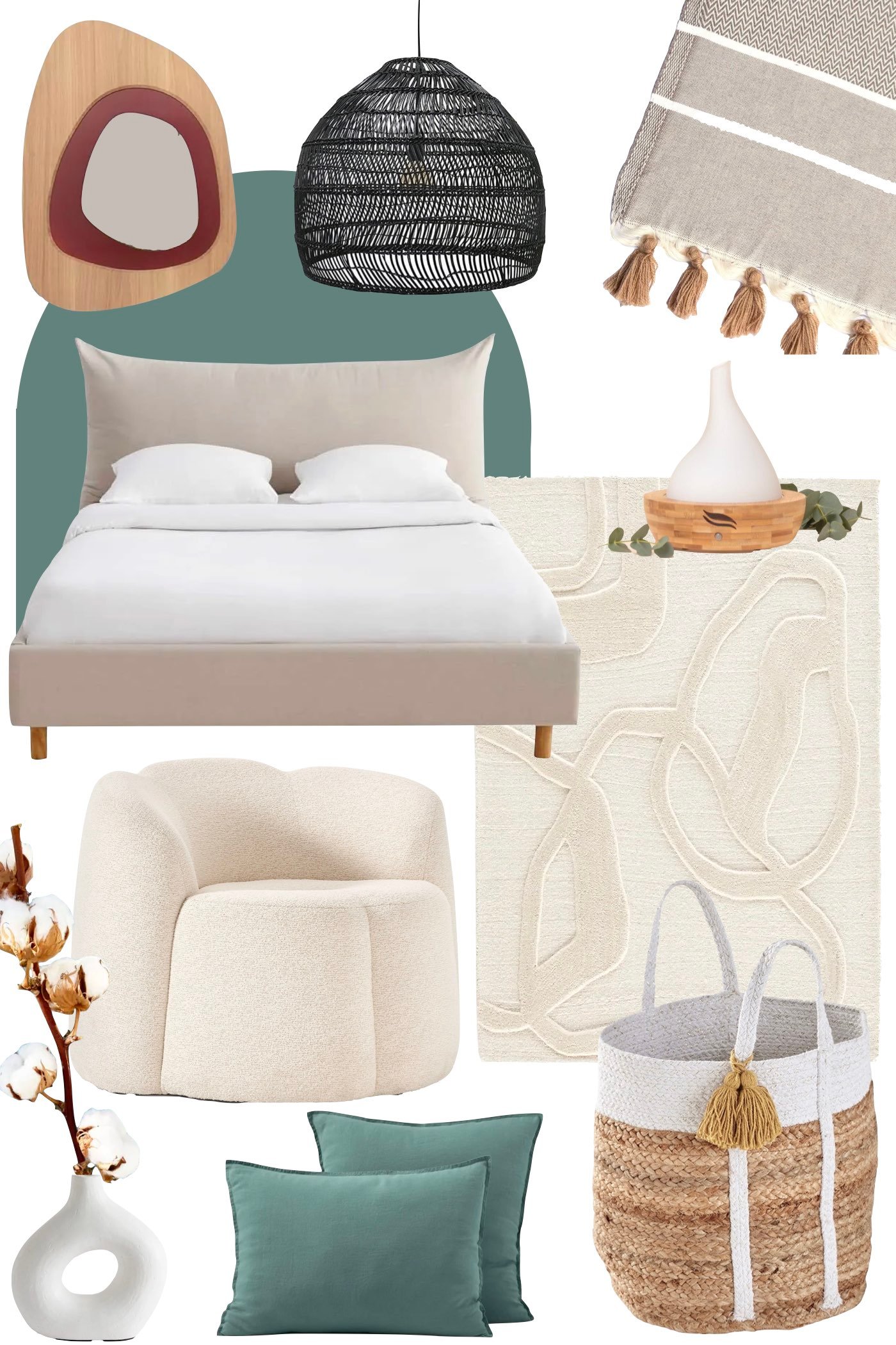 moodboard chambre cosy nature bleu vert céladon