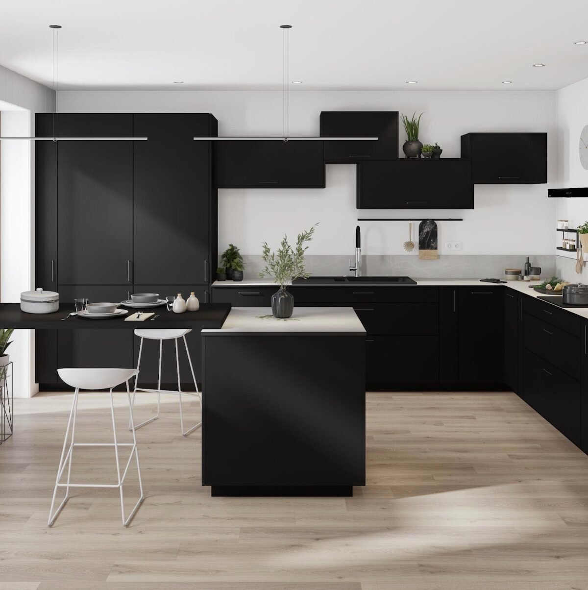 cuisine ouverte ilot central parquet bois mobilier noir