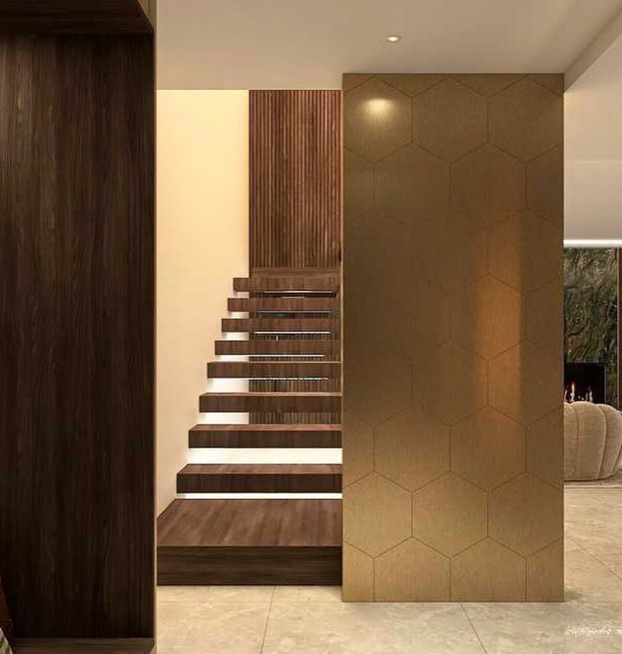 deco entree chic chaleureux escalier bois teck mur laiton