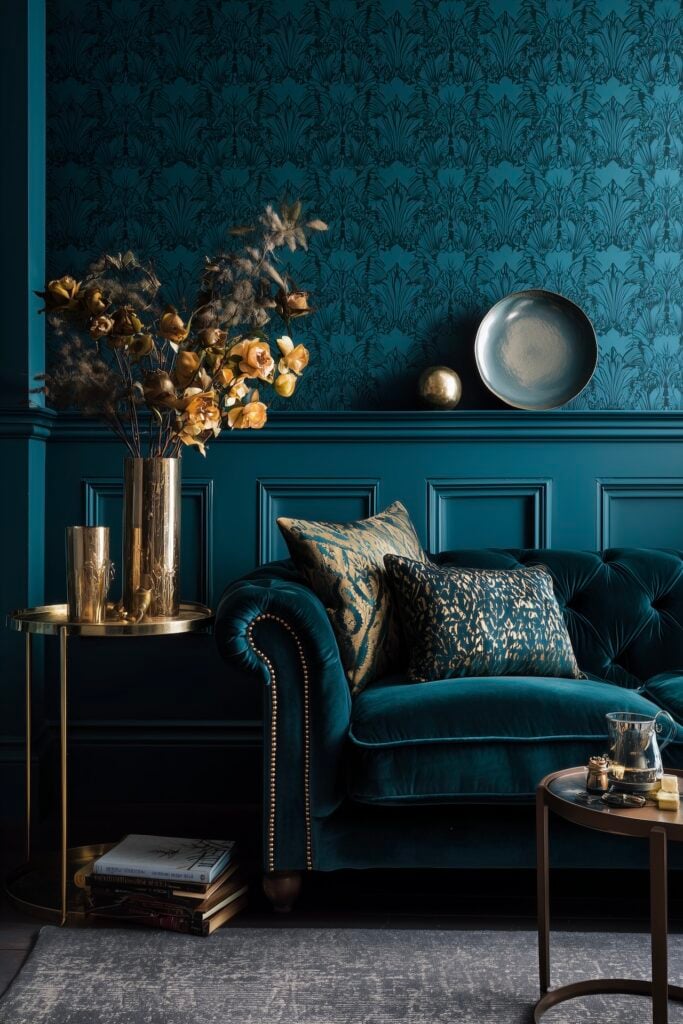 décoration art déco bleu canard soubassement bois