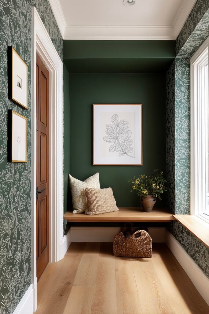 décoration entrée bois papier peint tendance motif feuille jungle scandinave