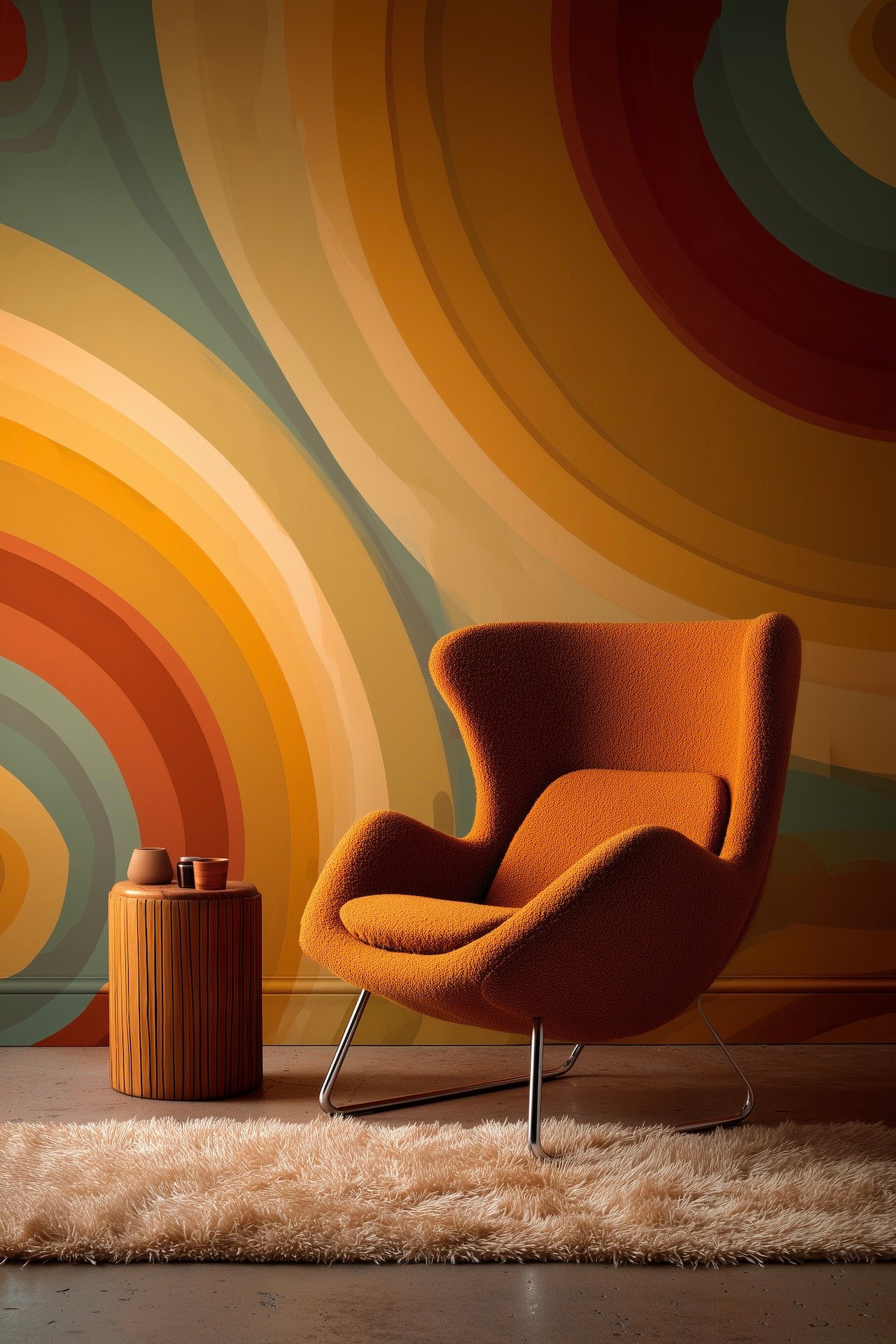 fauteuil design orange pivotant moumoutte motifs années 70