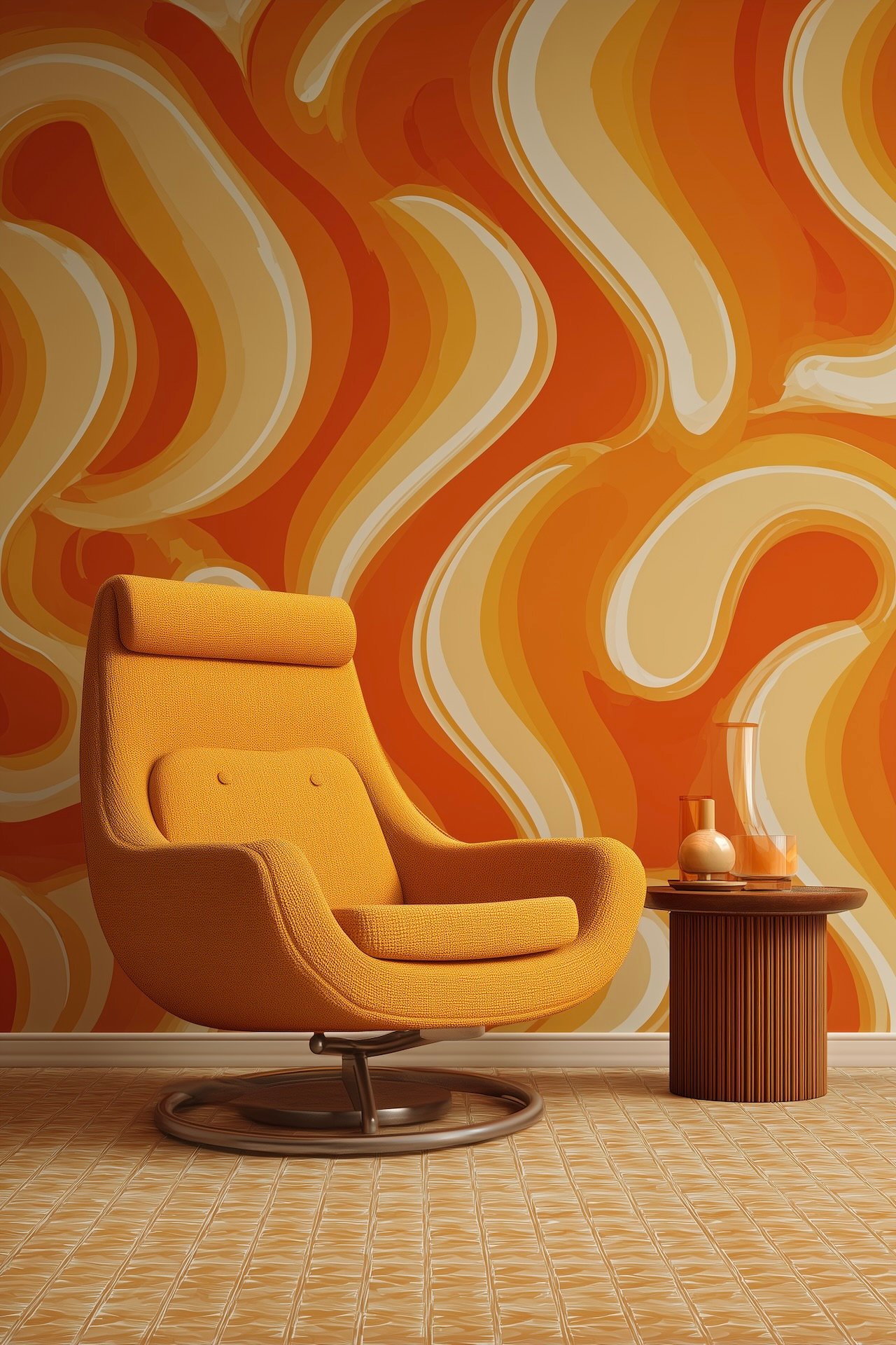 fauteuil orange tendance déco papier peint 2026 années 70