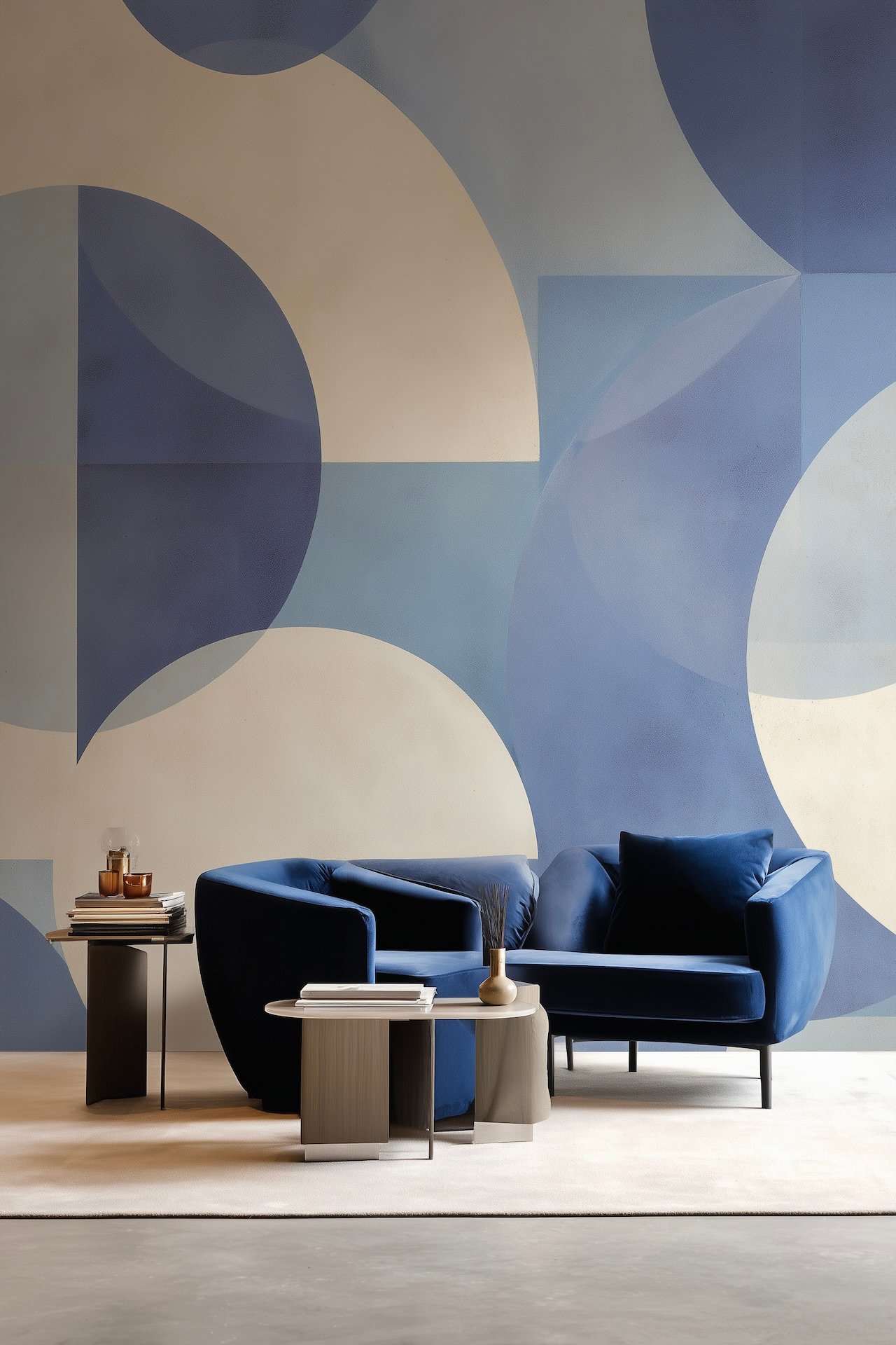 salon contemporain canapé bleu panneau mural art abstrait