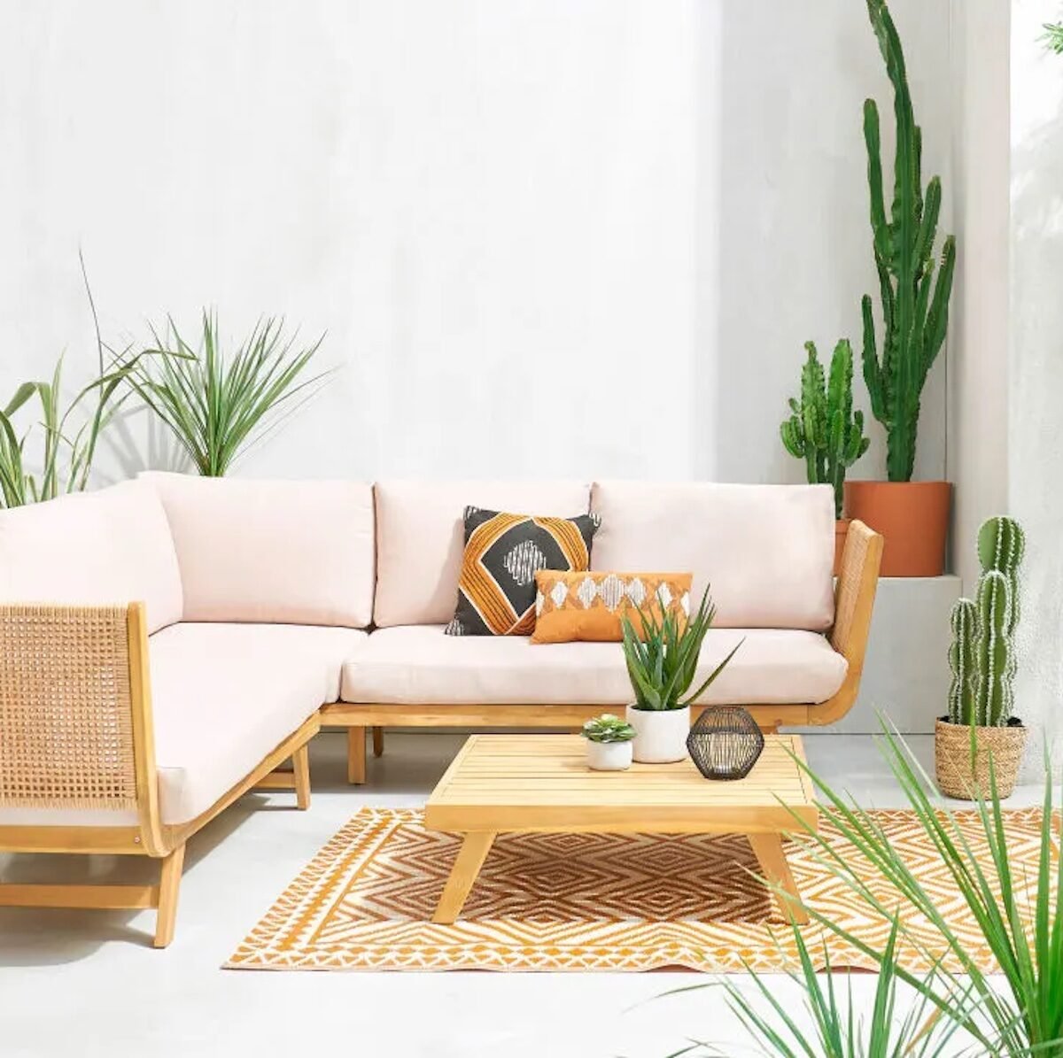 salon de jardin epuree tapis jaune ethnique plante verte