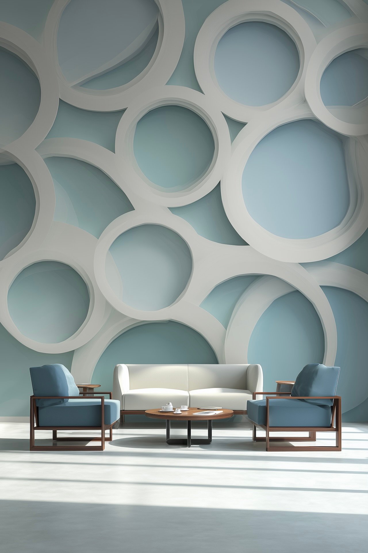 salon moderne papier peint géométrique bleu clair