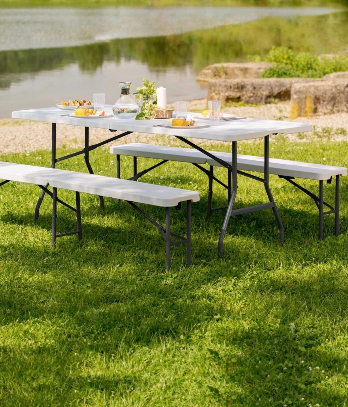 table plastique blanc banc pied metal gris