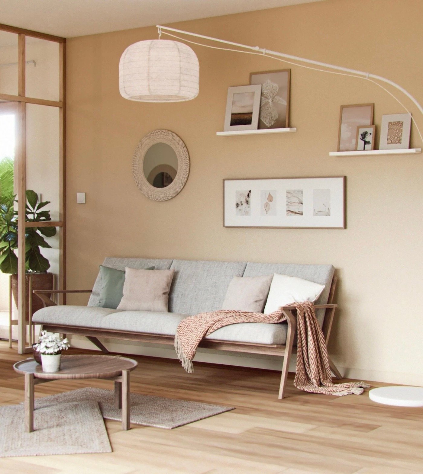 afficher ses photos étagère murale beige bois salon