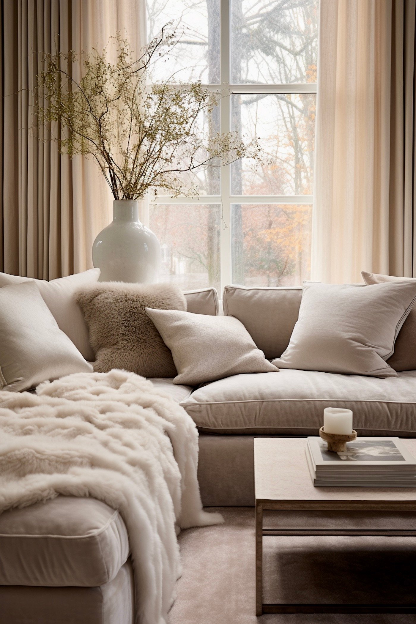 canapé angle velours plaids moumoutte laine bouclée coussin lin