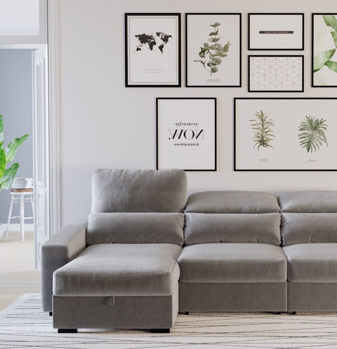 canape gris deco nature plante verte epuree lumineux petit salon