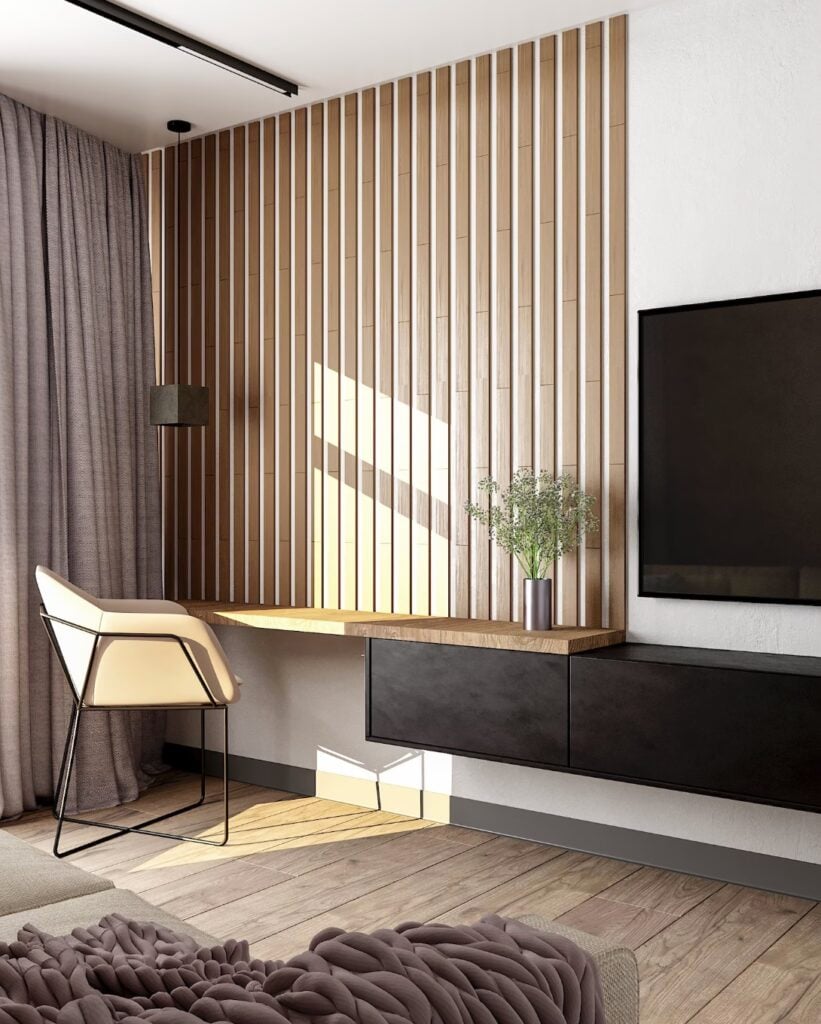 chambre bureau mur bois lame chaise scandinave plaid tresse gris parquet