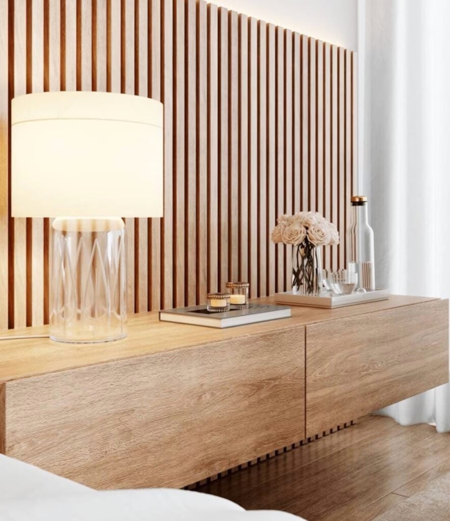 mur bois lame lampe commode bois