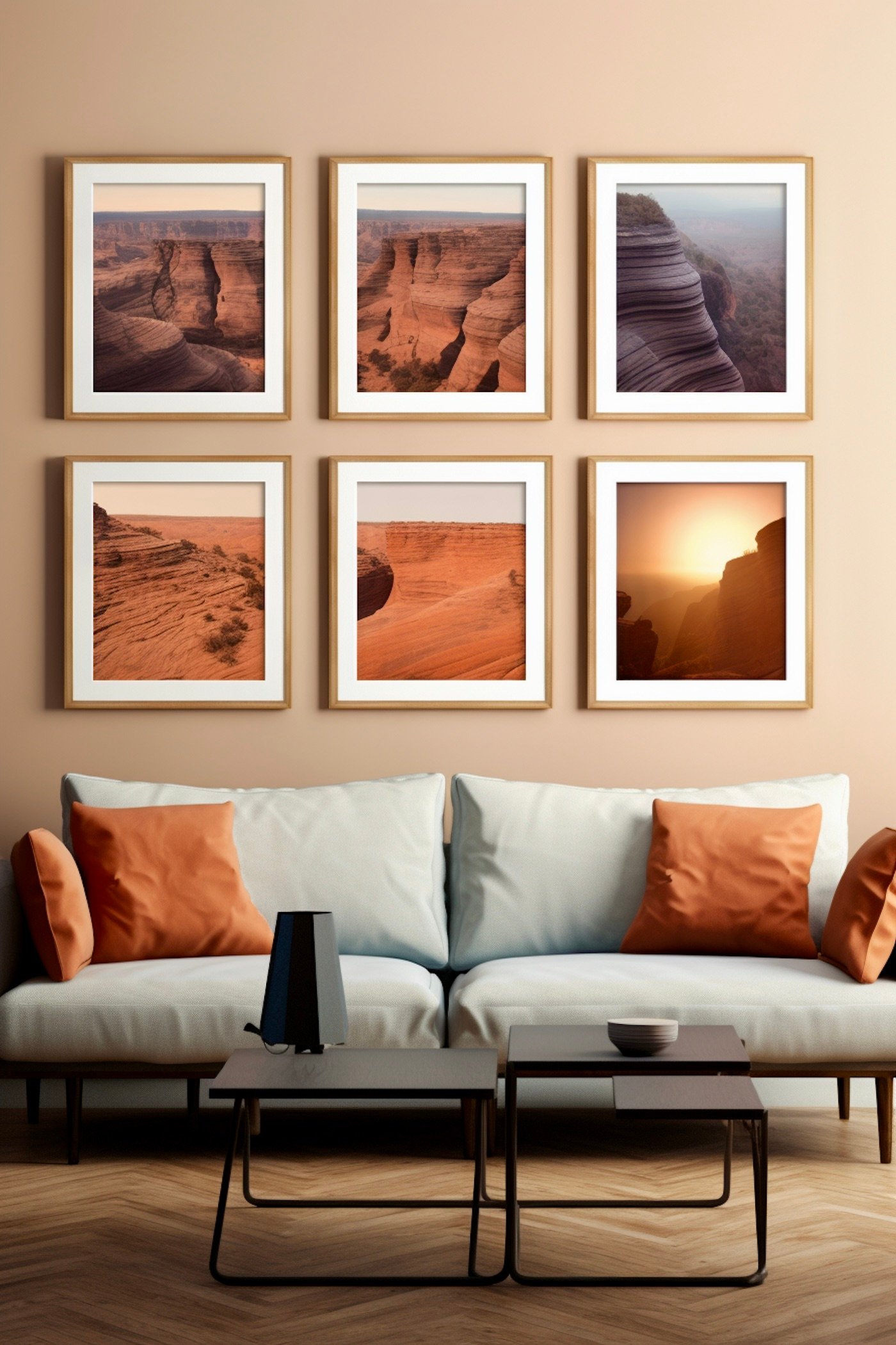 mur galerie affiche photos voyage salon gris orange