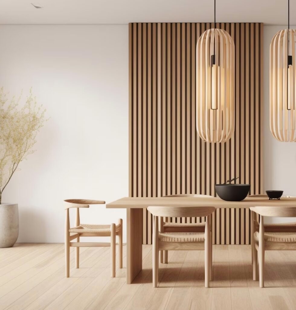 salle a manger table bois suspension ovale parquet bois clair plante fleurs sechee