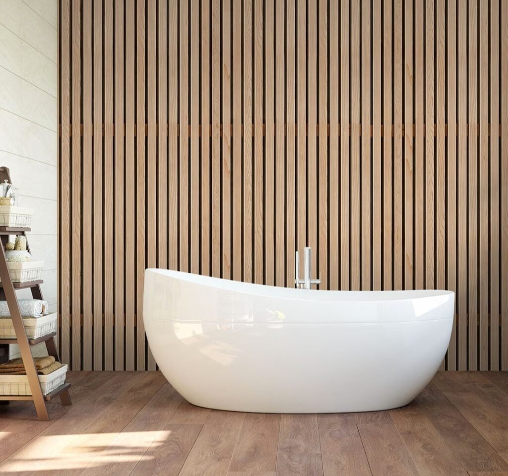 salle de bain baignoire arrondie blanc mur bois