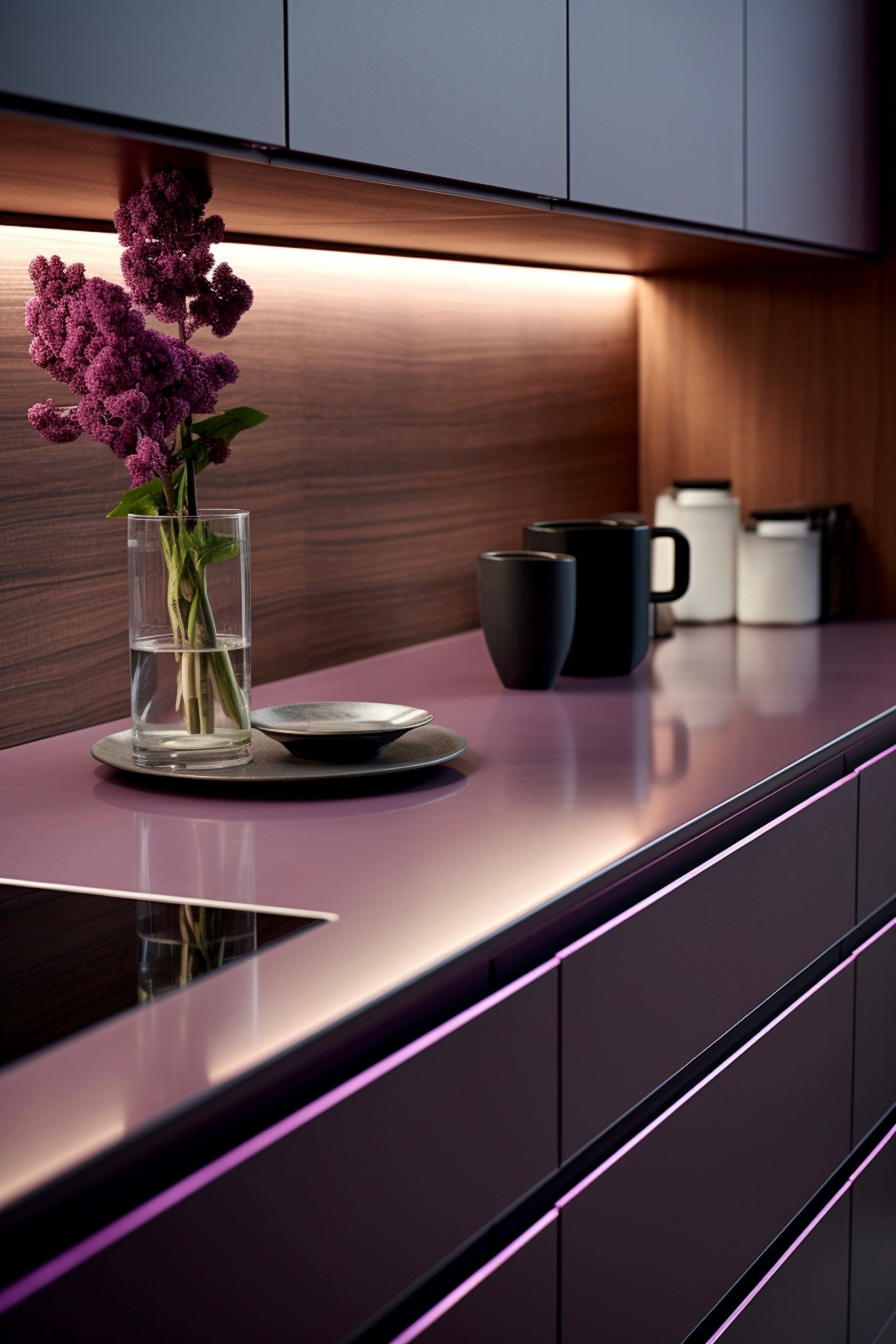 cuisine violette laquée mat bois foncé acajou crédence