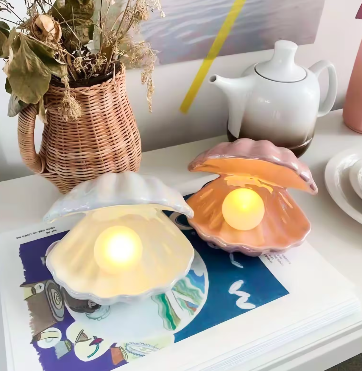 deco lampe coquillage blanc orange saumon